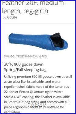 Golite Feather 20F Medium Regular Down Ultralight Sleeping Bag