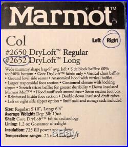 Marmot Col Sleeping Bag -20F, Goose Down Fill, DryLoft Shell Size Long R Zip