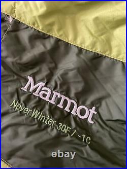 Marmot Mummy Sleeping Bag Goose Down 85 Long 30F / -1C Never Winter 2011 Green