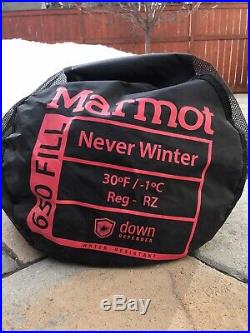 Marmot Never Winter Down Sleeping Bag, 30 degrees F, Green, Right-Z Regular