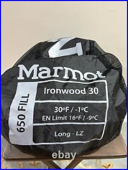 Marmot Sleeping Bag Ironwood 30 Degree Down Lightweight Long Green & Grey NEW