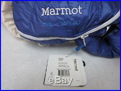 NEW Marmot Helium Down Sleeping Bag Zip 15° Ultralight Camping Hiking Blue 850