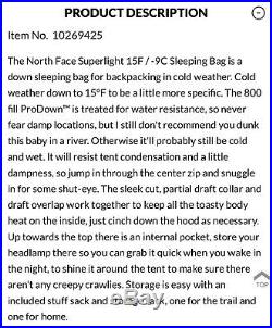 NWT North Face SUPERLIGHT 15/-7 Deg 800 Down Sleeping Bag REG RET$419 Small Flaw