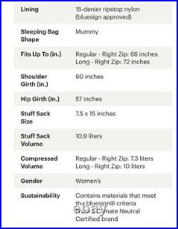 NWT REI Women's Magma 15 Degree Sleeping Bag (Asphalt) $399 Retail