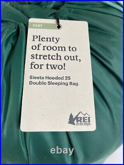 REI Co-Op Siesta Hooded 25 F Double Long Sleeping Bag, Green Storm NEW