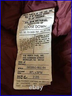 TNF North Face INFERNO sleeping bag REG, RH zipper, Goose Down