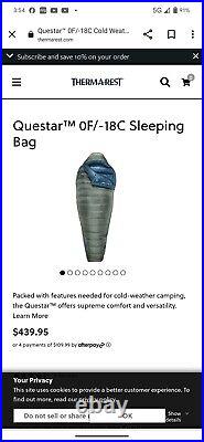 Therm-A-Rest Questar 0 Degree Sleeping Bag Regular NEW. Light weight