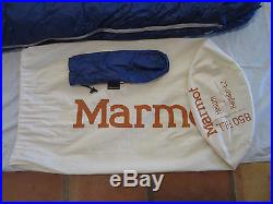 UNUSED Marmot Helium Down Sleeping Bag Zip 15° Ultralight Hiking Camp Blue 850