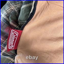 VINTAGE Coleman Tan Cotton Plaid Flannel Lined Sleeping Bag Bed Roll 36 x 75