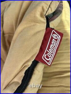 VINTAGE Coleman Tan Cotton Plaid Flannel Lined Sleeping Bag Bed Roll 36 x 75