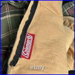 VINTAGE Coleman Tan Cotton Plaid Flannel Lined Sleeping Bag Bed Roll 36 x 75