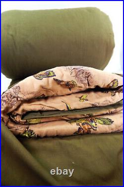 Vtg Army Green Quilted Flannel Sleeping Bag Birds Pheasant Hunting Camping Gear