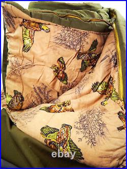 Vtg Army Green Quilted Flannel Sleeping Bag Birds Pheasant Hunting Camping Gear