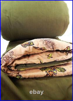 Vtg Army Green Quilted Flannel Sleeping Bag Birds Pheasant Hunting Camping Gear