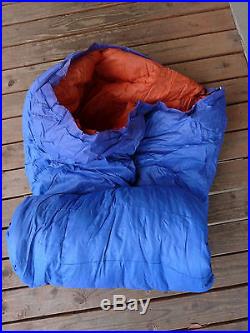 Vtg ROEBUCK & CO DOWN 83 x 33 RETRO SLEEPING BAG ORANGE BLUE Mountain Goose rei