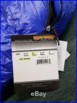Western Mountaineering UltraLite 6' sleeping bag, L Zip, Royal Blue, Brand New