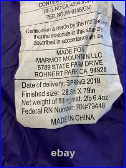 Womens MARMOT Purple -2.2 F 650 Down Fill Ouray Sleeping Bag 28 X 79